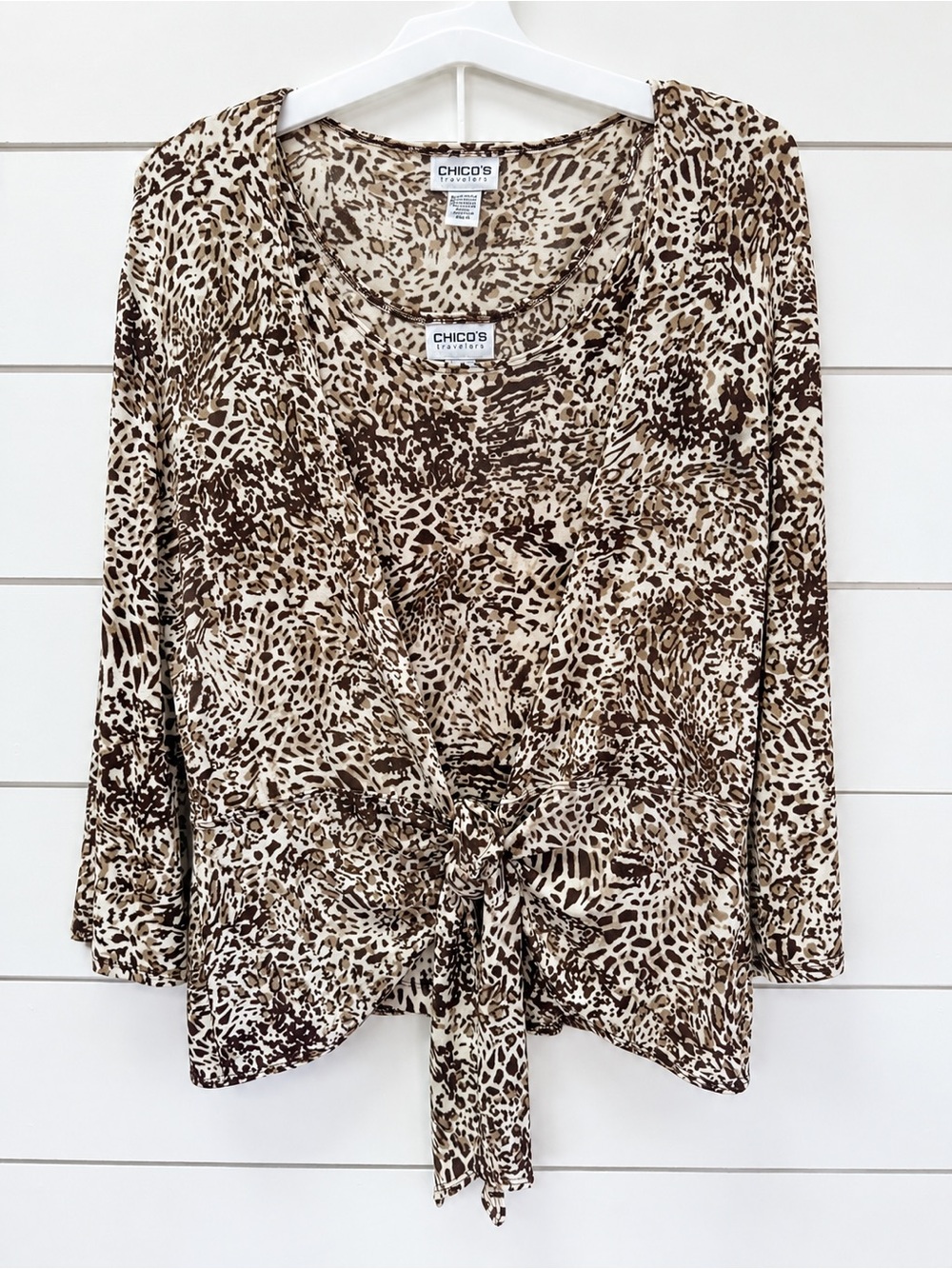 Chico’s Travelers Leopard Animal Print 2 Pc Tie Front Top Tank Set Sz 2